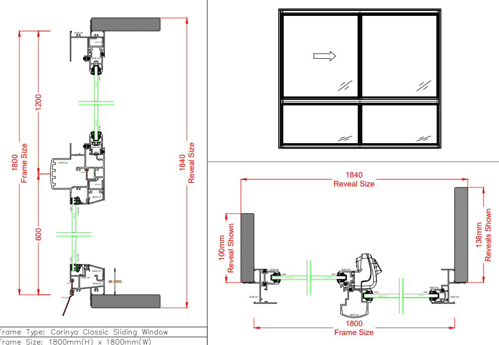 Sliding Window / Fixed Window H1800 x W1800
